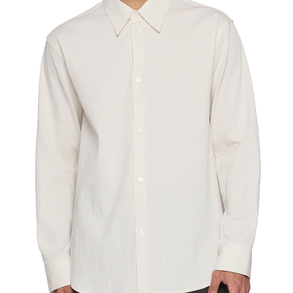 Men's beige long sleeve shirt with vertical stripe texture