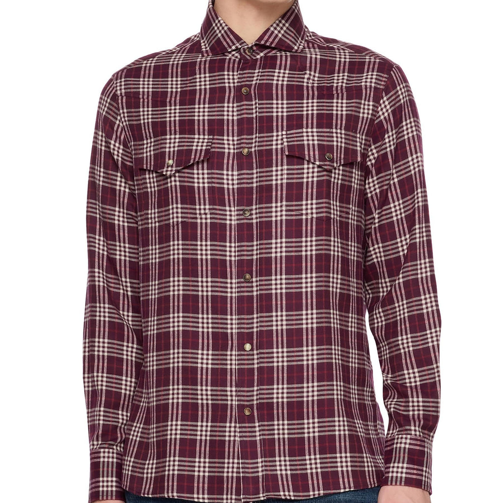 Men's burgundy plaid long sleeve snap button shirt