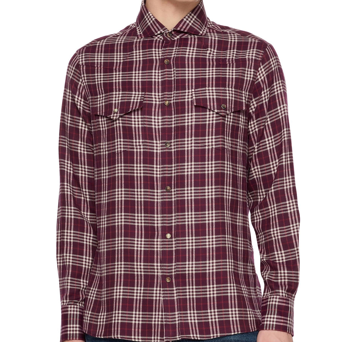Men's burgundy plaid long sleeve snap button shirt