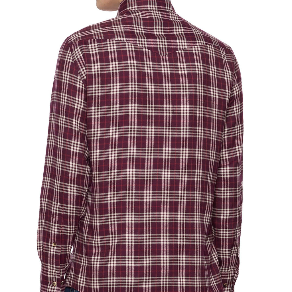 Men's burgundy plaid long sleeve snap button shirt