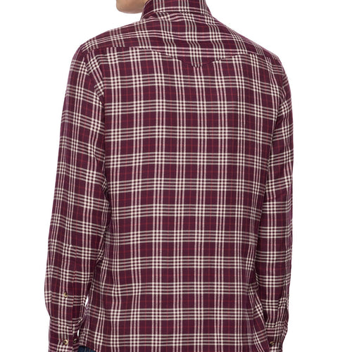 Men's burgundy plaid long sleeve snap button shirt
