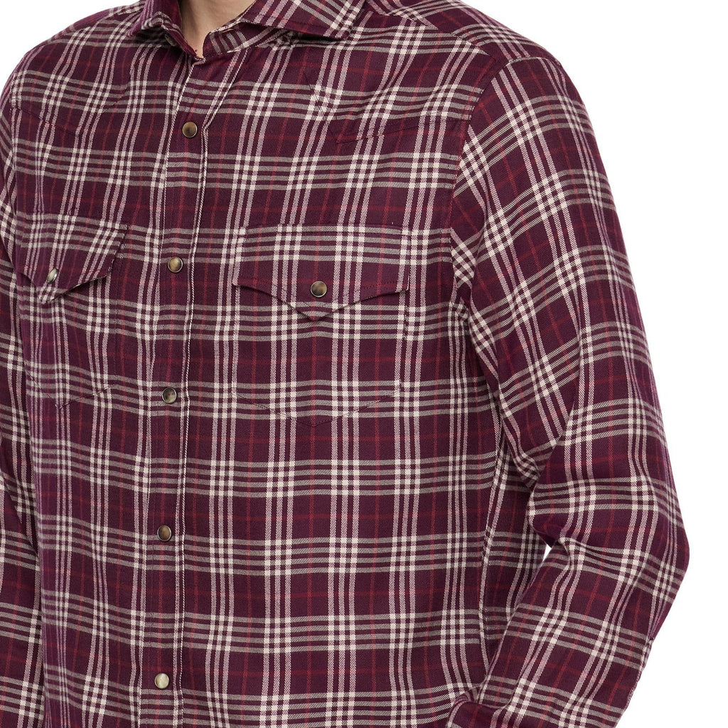 Men's burgundy plaid long sleeve snap button shirt
