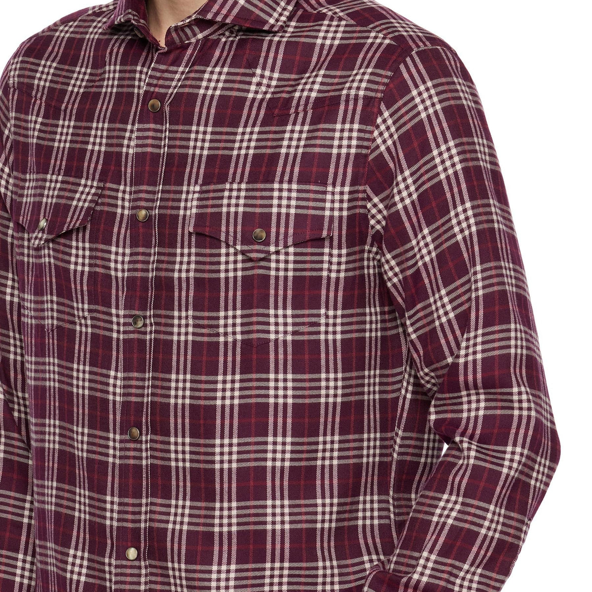 Men's burgundy plaid long sleeve snap button shirt