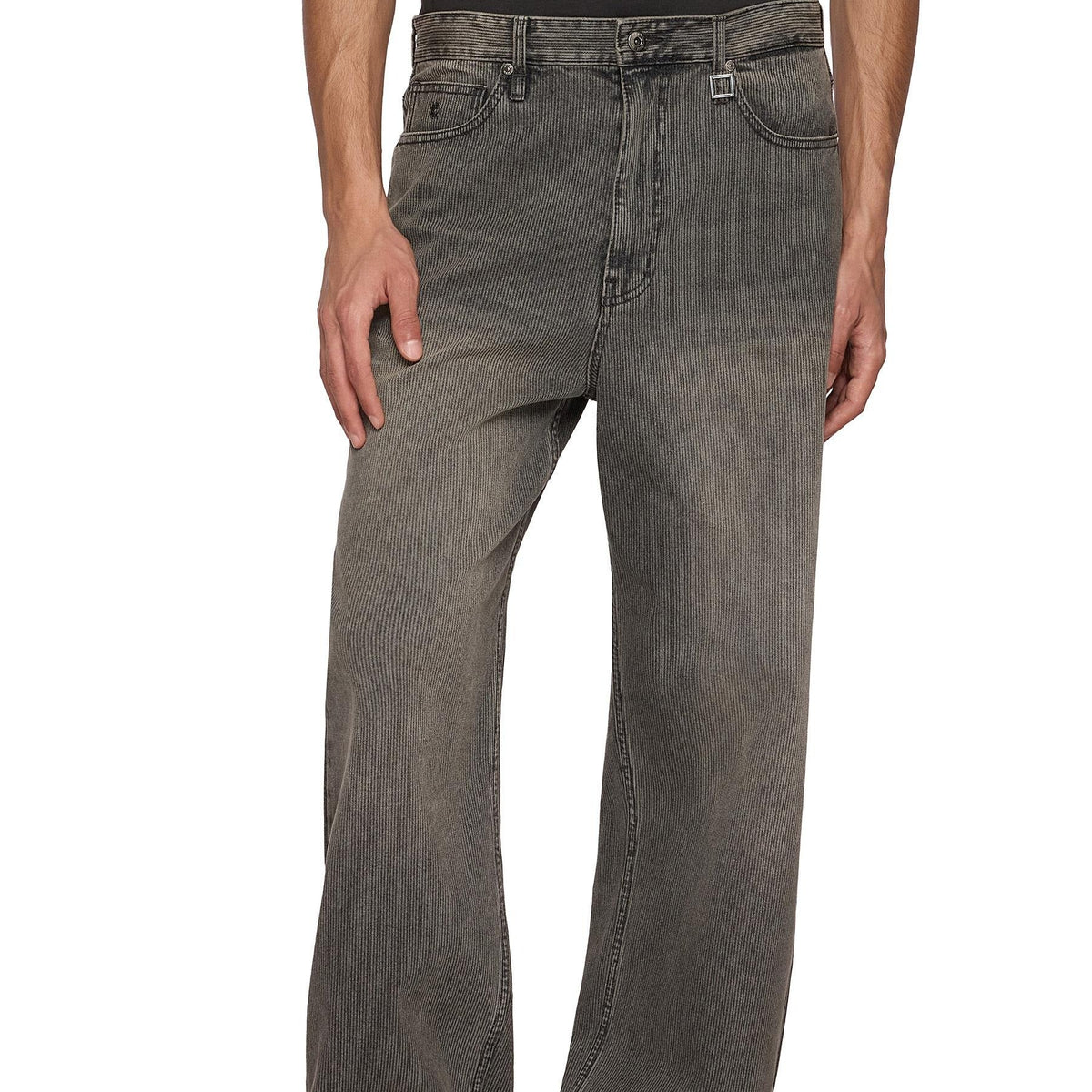 Men's grey striped wide leg jeans